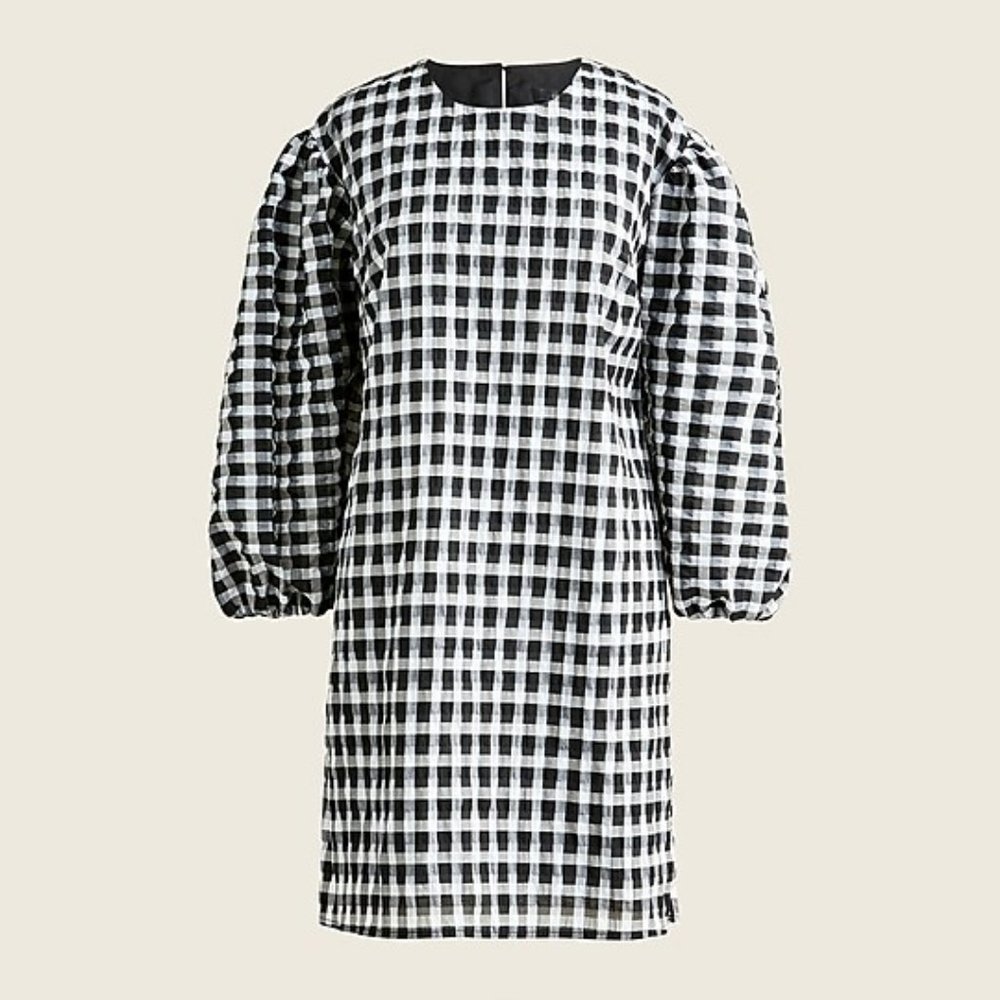 J. Crew Puff-Sleeve Mini Dress in Textured Plaid Size Lge